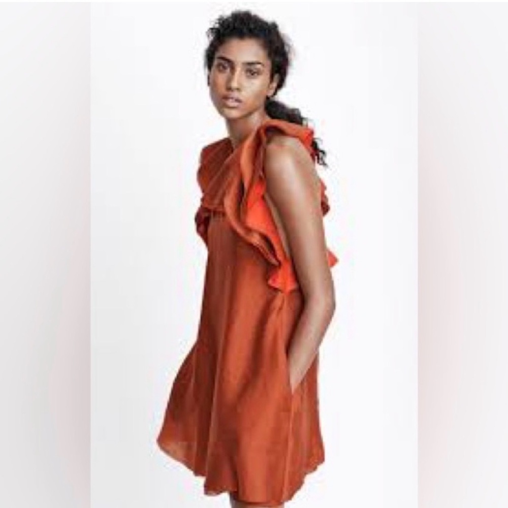 H&M Rust Ruffle-Shoulder Midi Dress